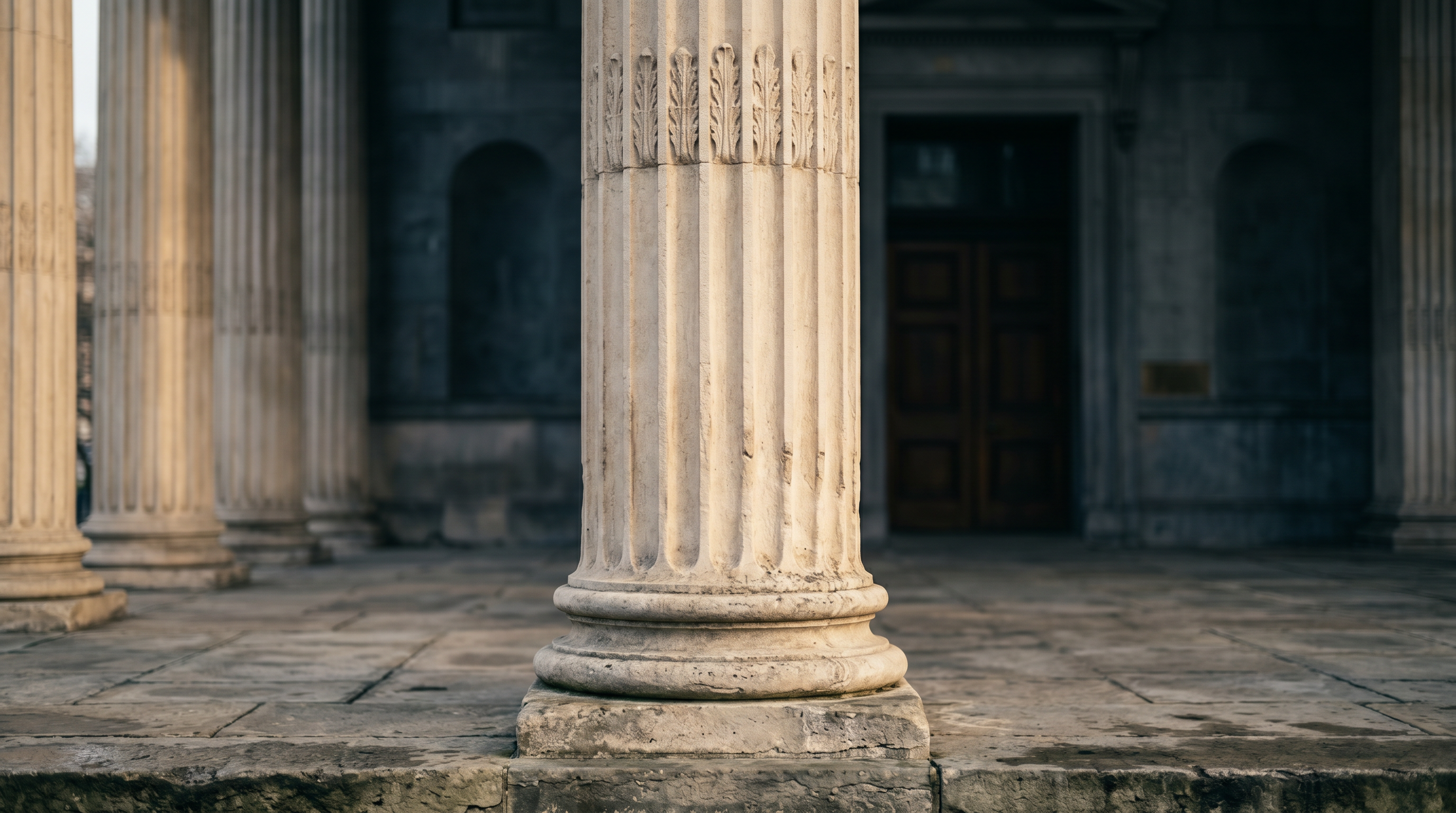 Classical courthouse columns in warm morning light