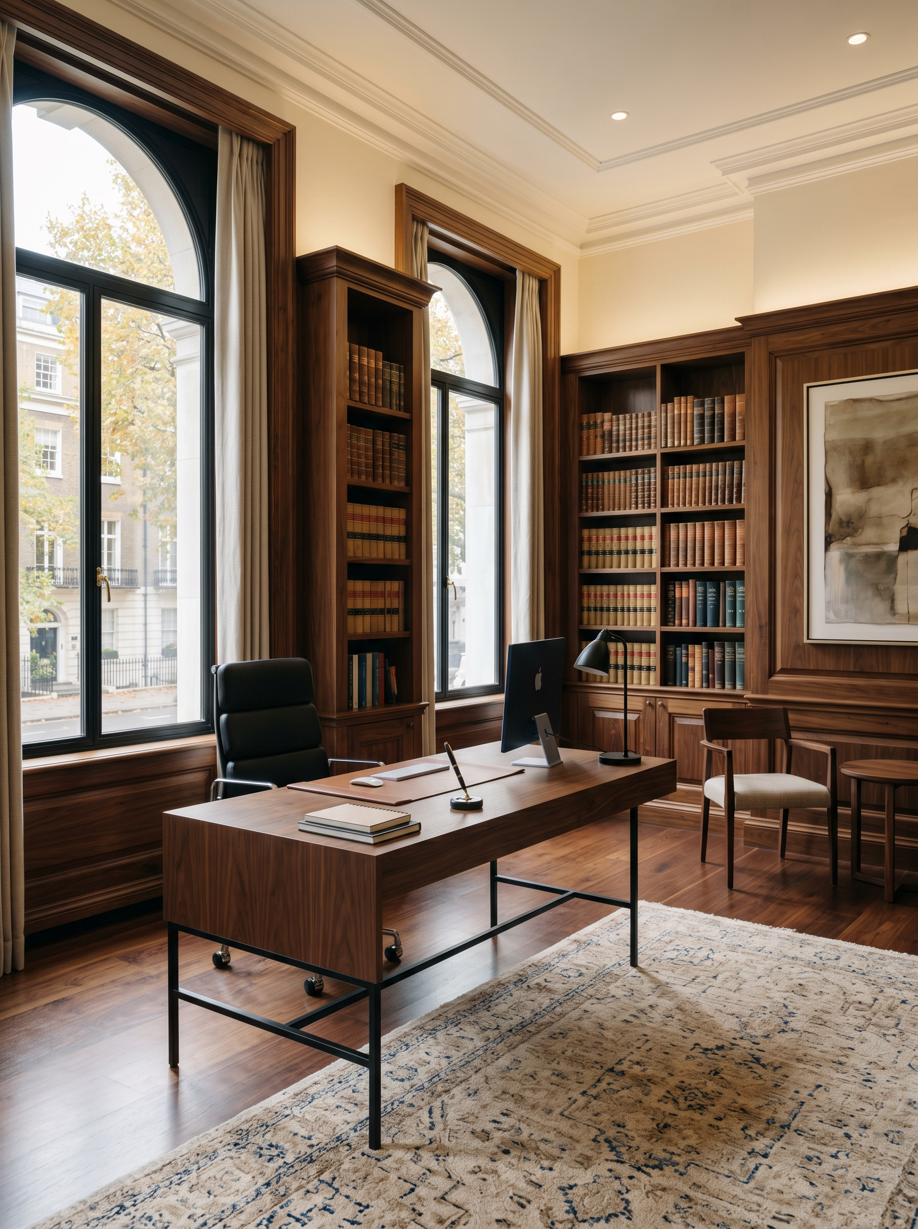 Interior of a quiet law office with tall arched windows, walnut bookshelves and a single modern desk