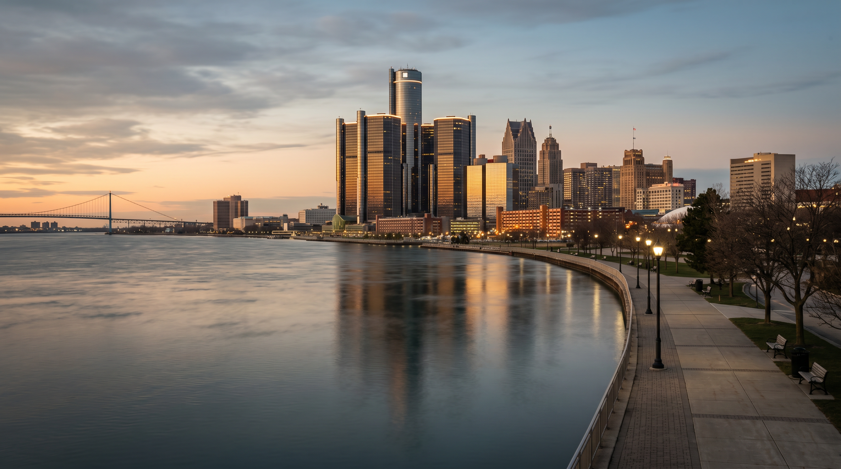 The Windsor and Detroit skyline at sunrise, viewed from the Canadian side of the Detroit River